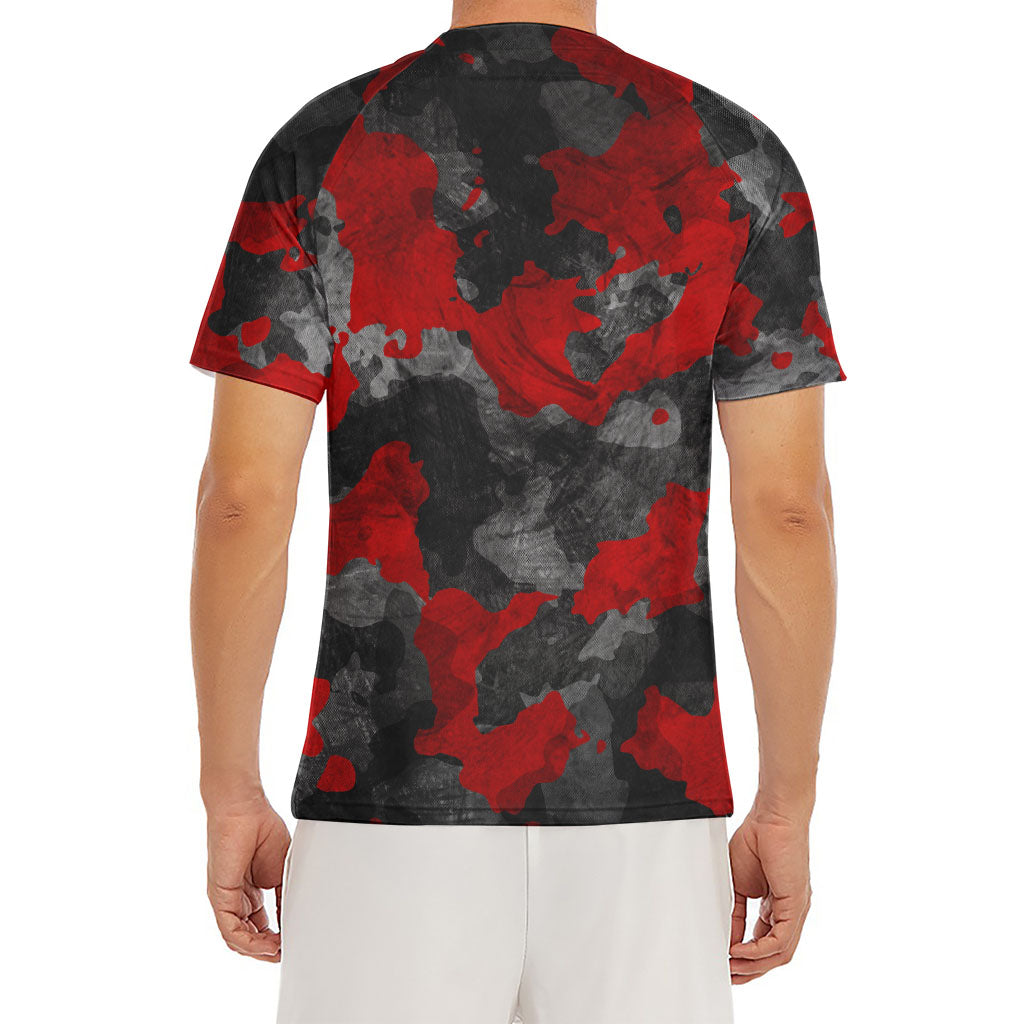 Black And Red Camouflage Print Men's Short Sleeve Rash Guard