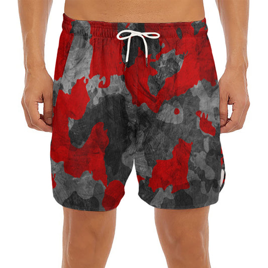 Black And Red Camouflage Print Men's Split Running Shorts