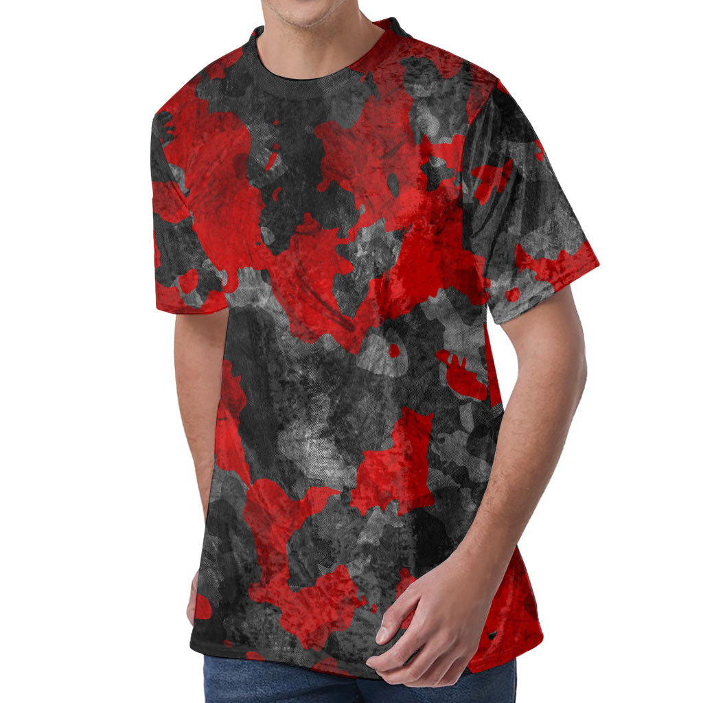 Black And Red Camouflage Print Men's Velvet T-Shirt