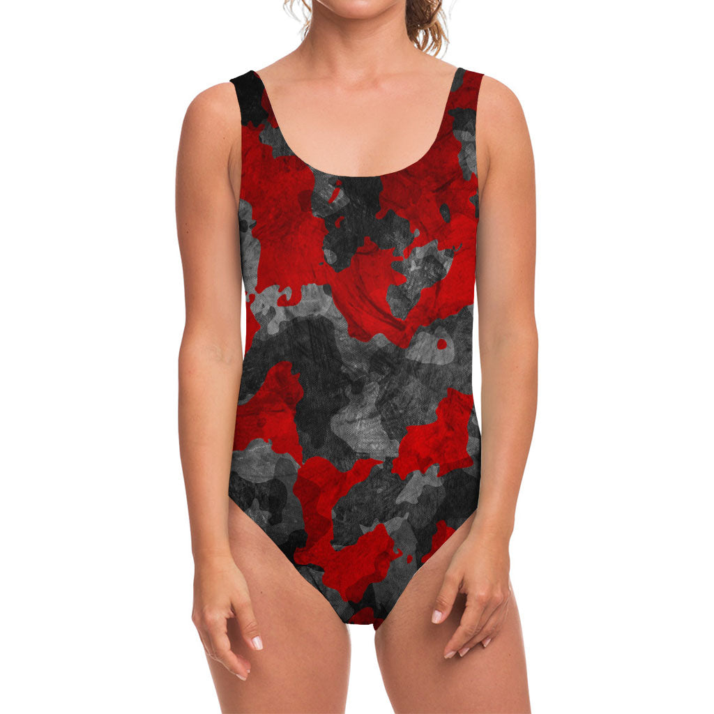 Black And Red Camouflage Print One Piece Swimsuit