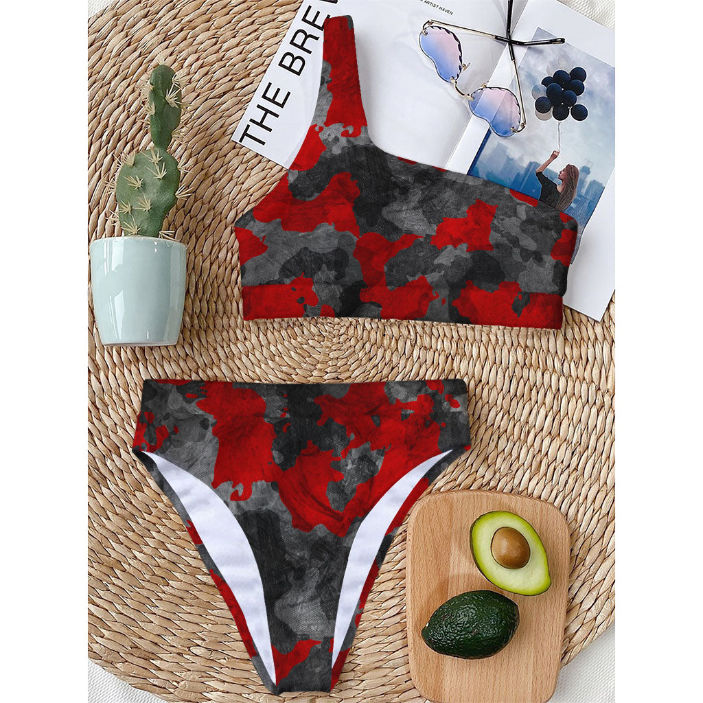 Black And Red Camouflage Print One Shoulder Bikini Top