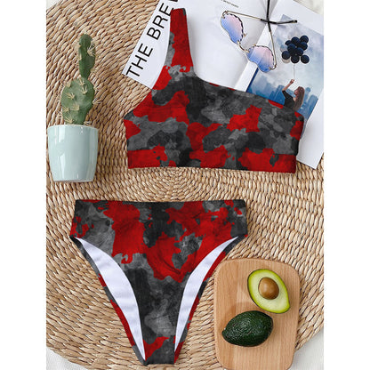 Black And Red Camouflage Print One Shoulder Bikini Top