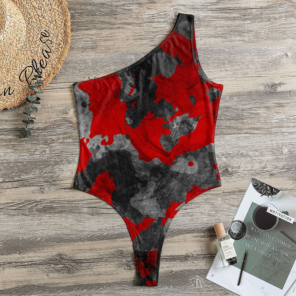 Black And Red Camouflage Print One Shoulder Bodysuit
