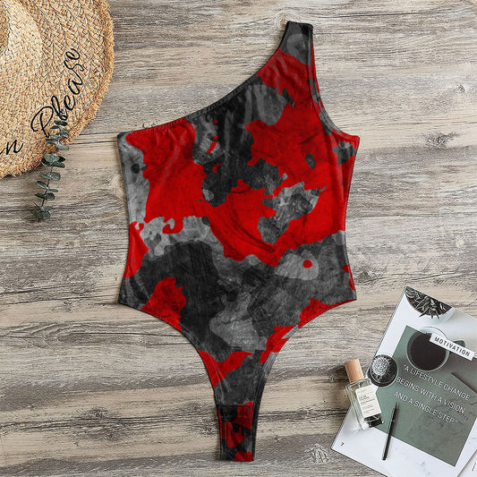 Black And Red Camouflage Print One Shoulder Bodysuit