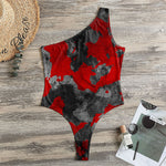 Black And Red Camouflage Print One Shoulder Bodysuit