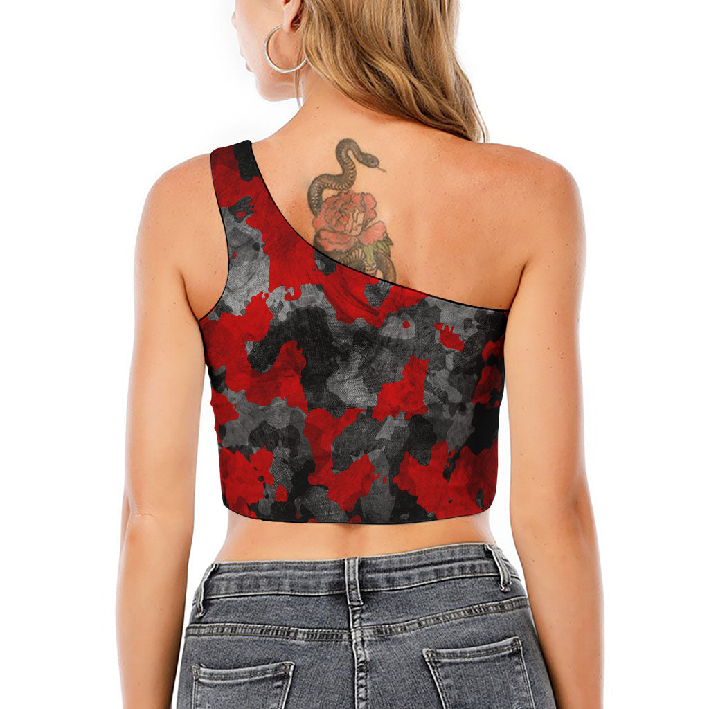 Black And Red Camouflage Print One Shoulder Crop Top