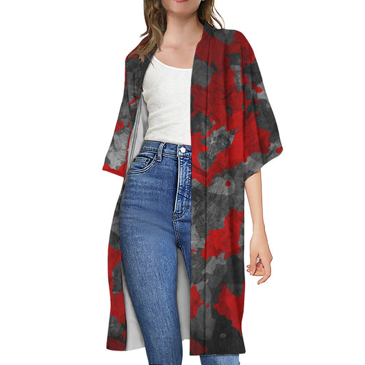 Black And Red Camouflage Print Open Front Beach Cover Up