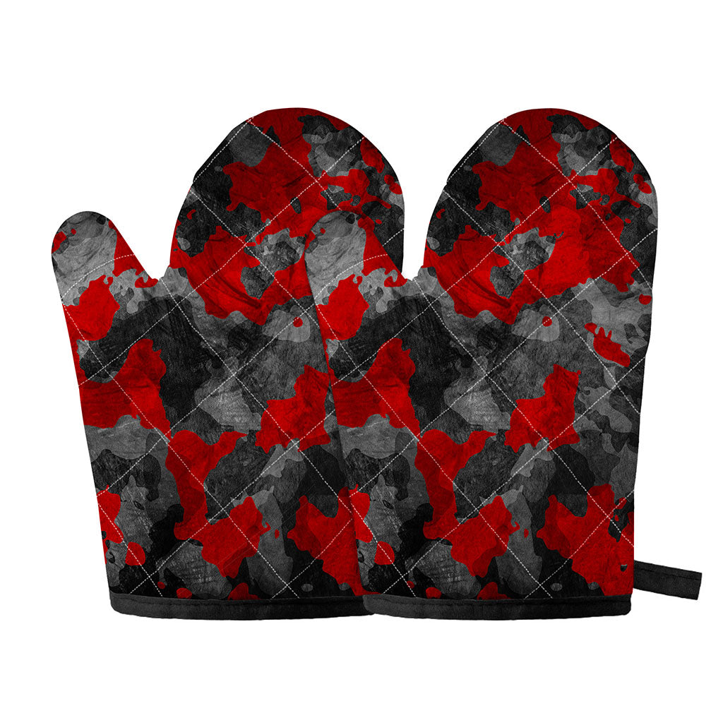 Black And Red Camouflage Print Oven Mitts