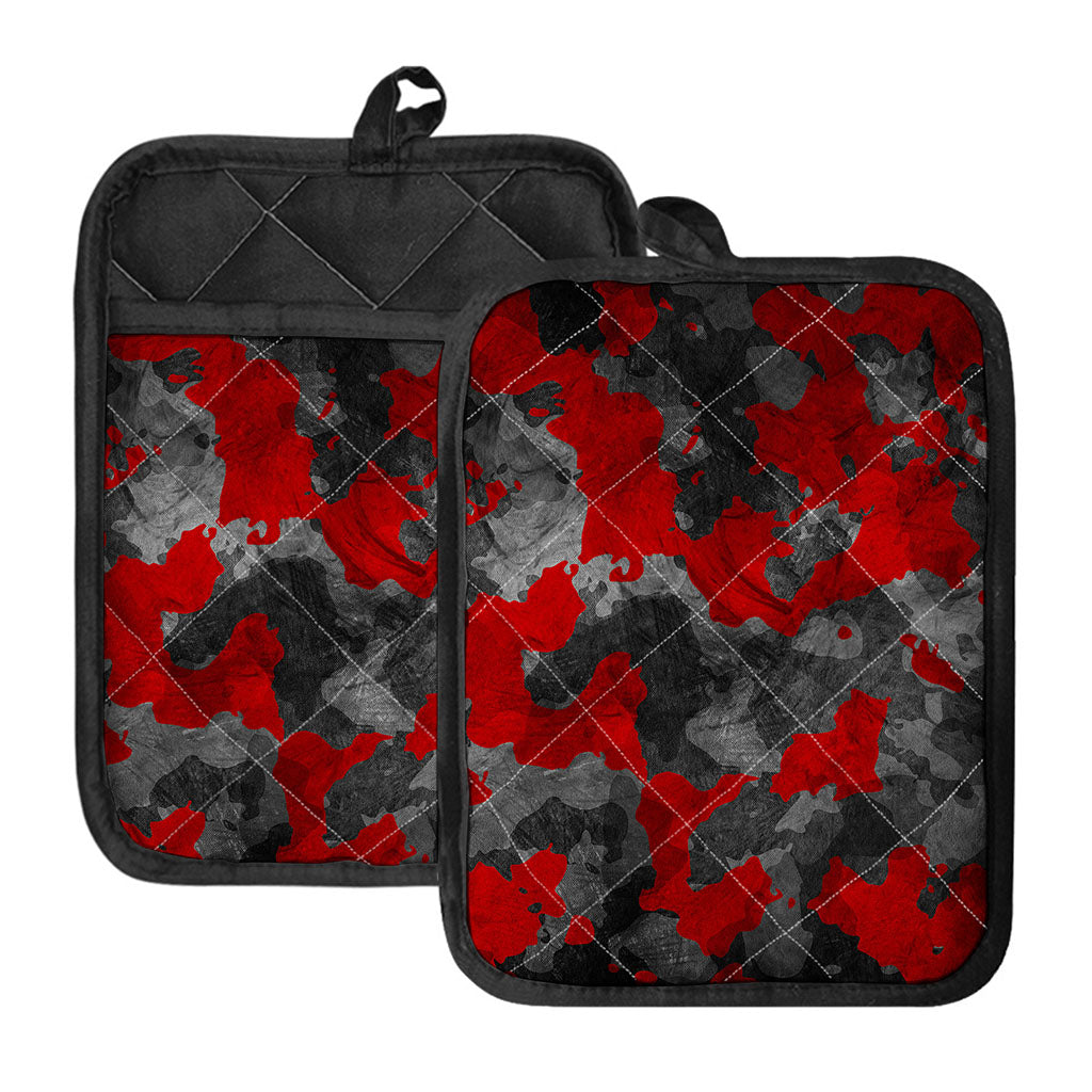 Black And Red Camouflage Print Pot Holders With Pocket