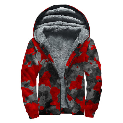Black And Red Camouflage Print Sherpa Lined Zip Up Hoodie