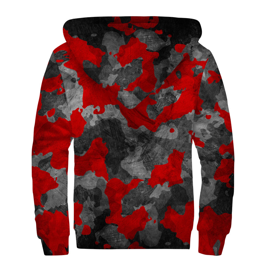 Black And Red Camouflage Print Sherpa Lined Zip Up Hoodie