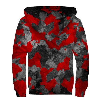 Black And Red Camouflage Print Sherpa Lined Zip Up Hoodie