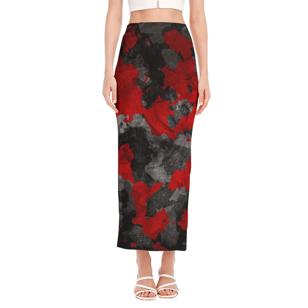 Black And Red Camouflage Print Side Slit Maxi Skirt