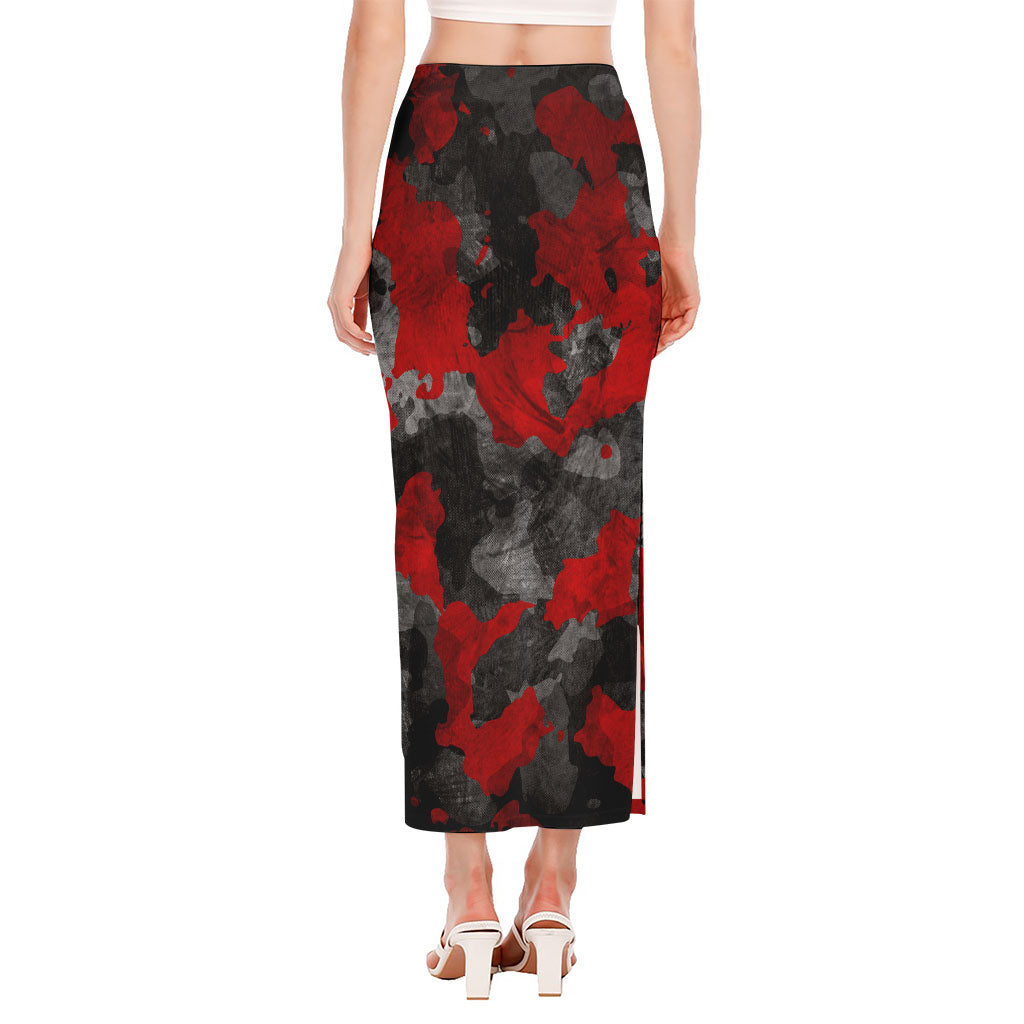 Black And Red Camouflage Print Side Slit Maxi Skirt