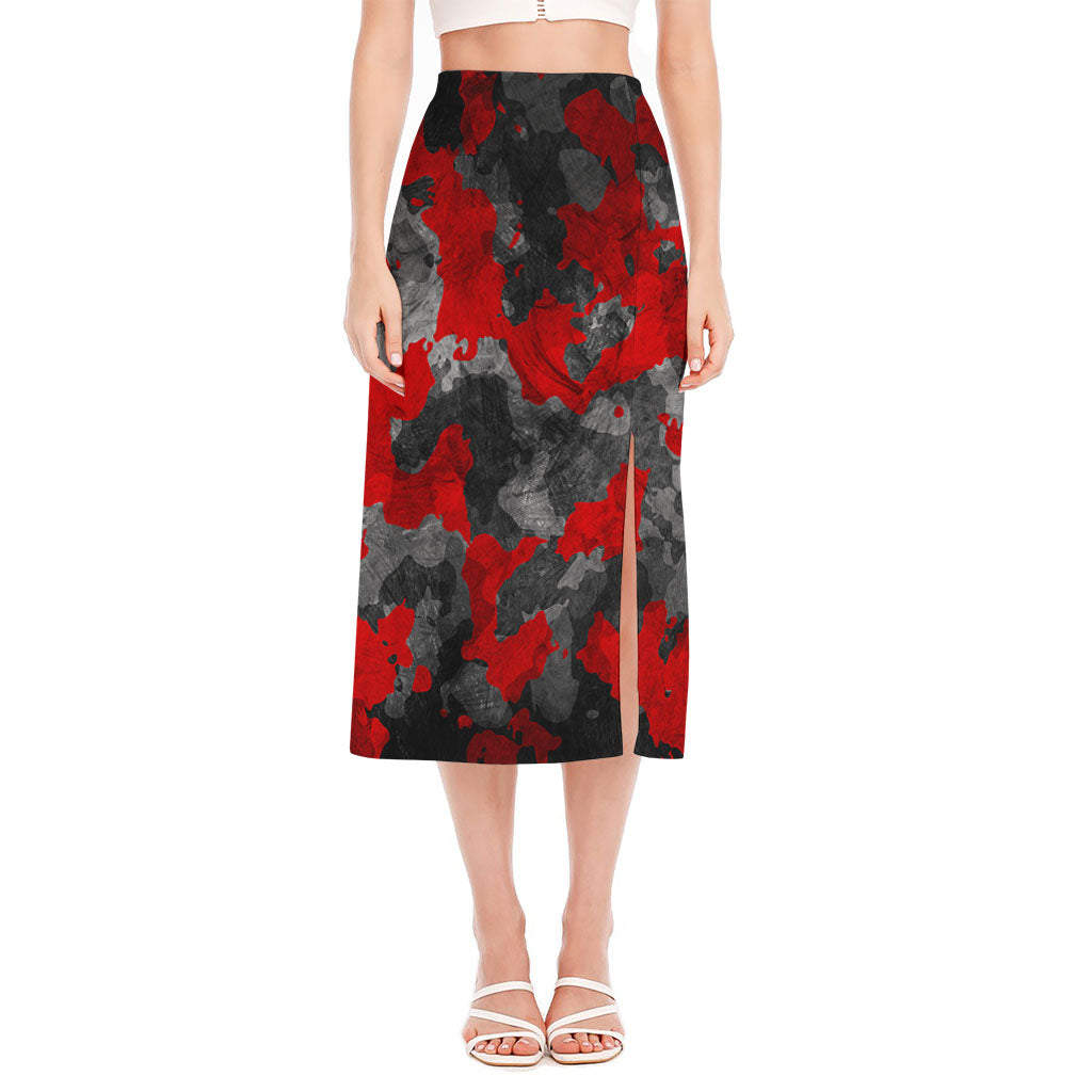 Black And Red Camouflage Print Side Slit Midi Skirt