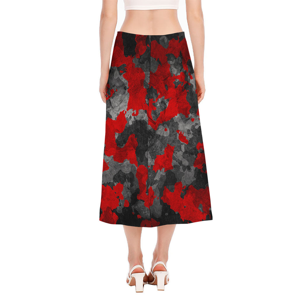 Black And Red Camouflage Print Side Slit Midi Skirt