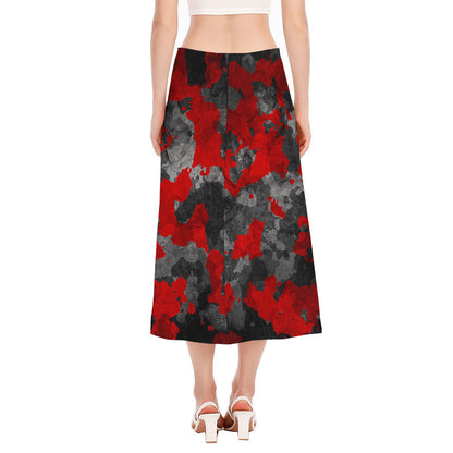 Black And Red Camouflage Print Side Slit Midi Skirt