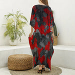 Black And Red Camouflage Print Silk V-Neck Kaftan Dress