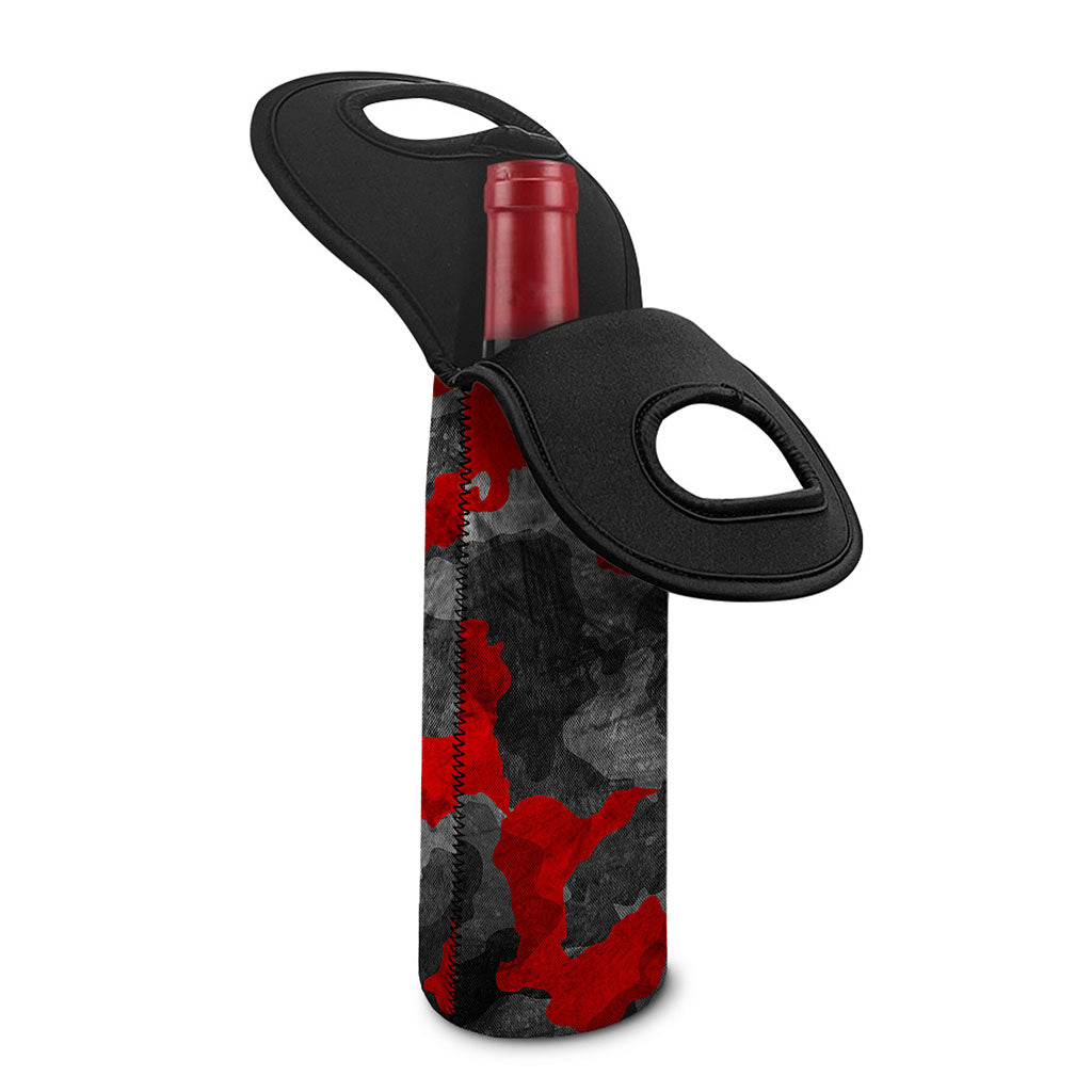 Black And Red Camouflage Print Single Neoprene Wine Tote
