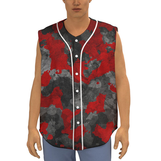 Black And Red Camouflage Print Sleeveless Baseball Jersey