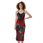 Black And Red Camouflage Print Slim Fit Midi Cami Dress