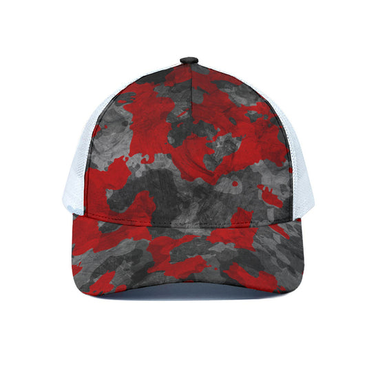 Black And Red Camouflage Print White Mesh Trucker Cap