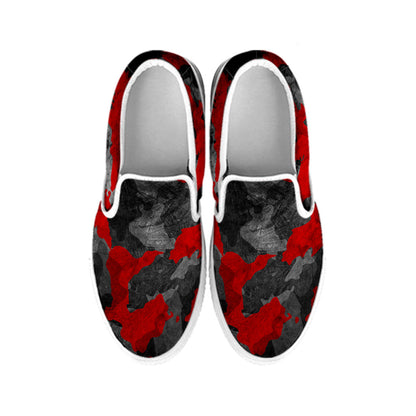 Black And Red Camouflage Print White Slip On Sneakers