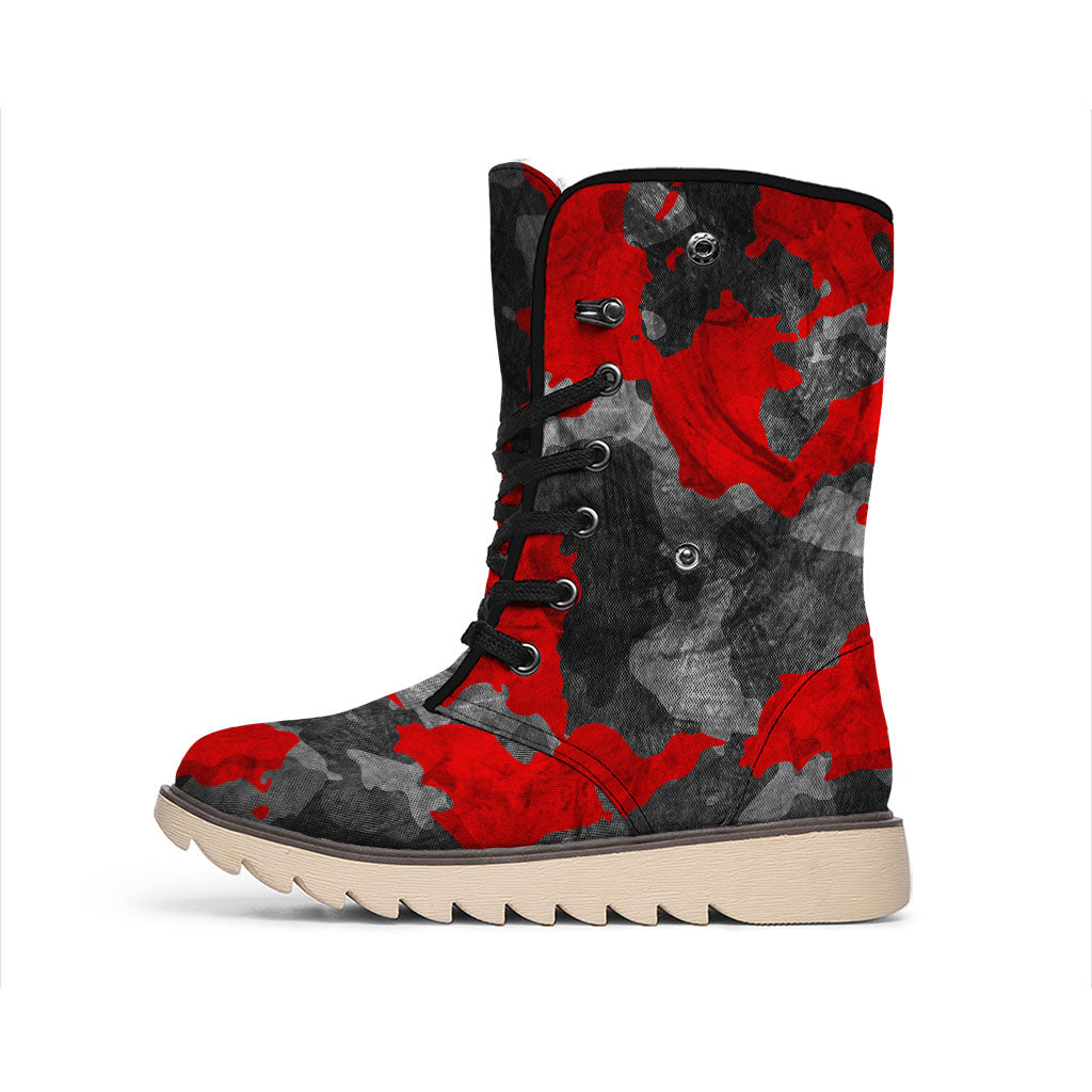 Black And Red Camouflage Print Winter Boots