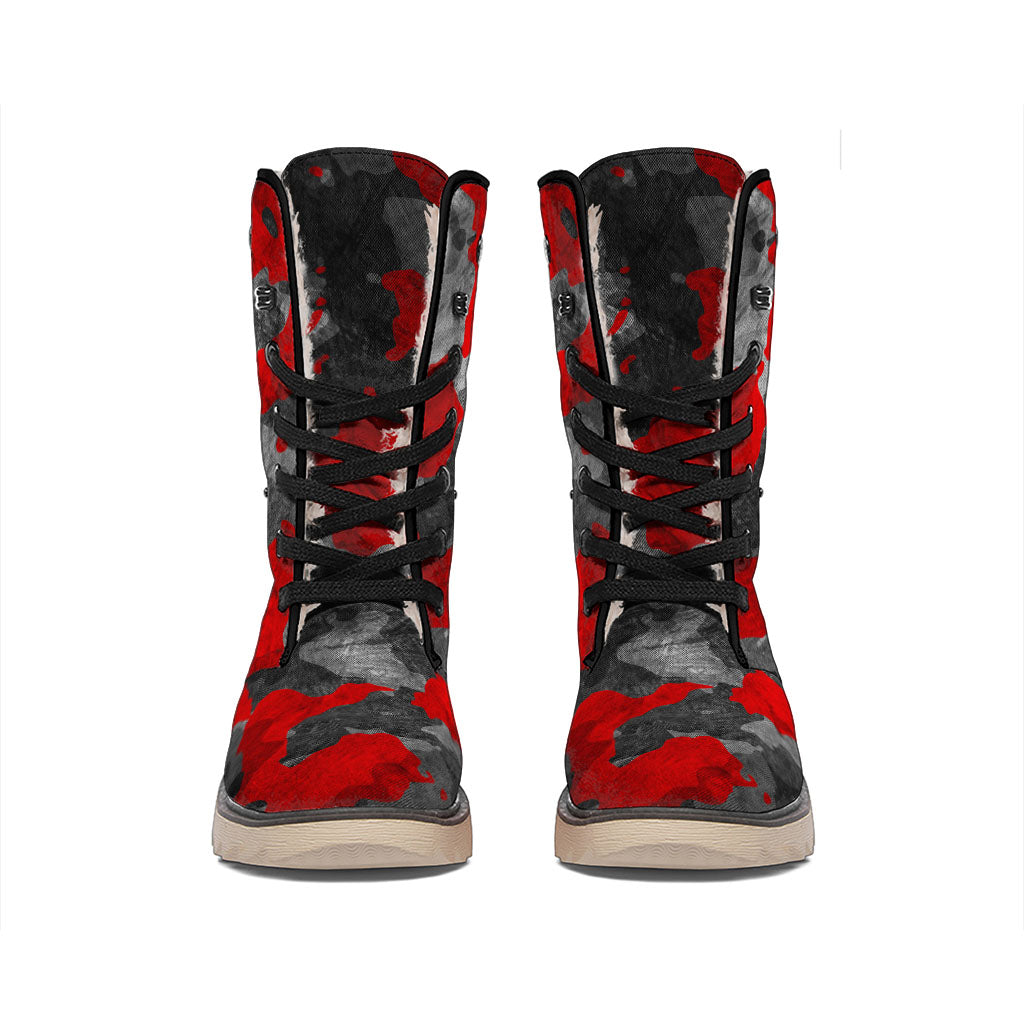 Black And Red Camouflage Print Winter Boots