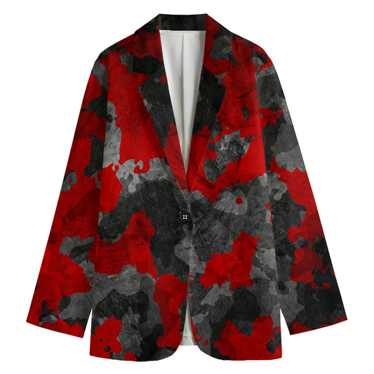 Black And Red Camouflage Print Women's Cotton Blazer