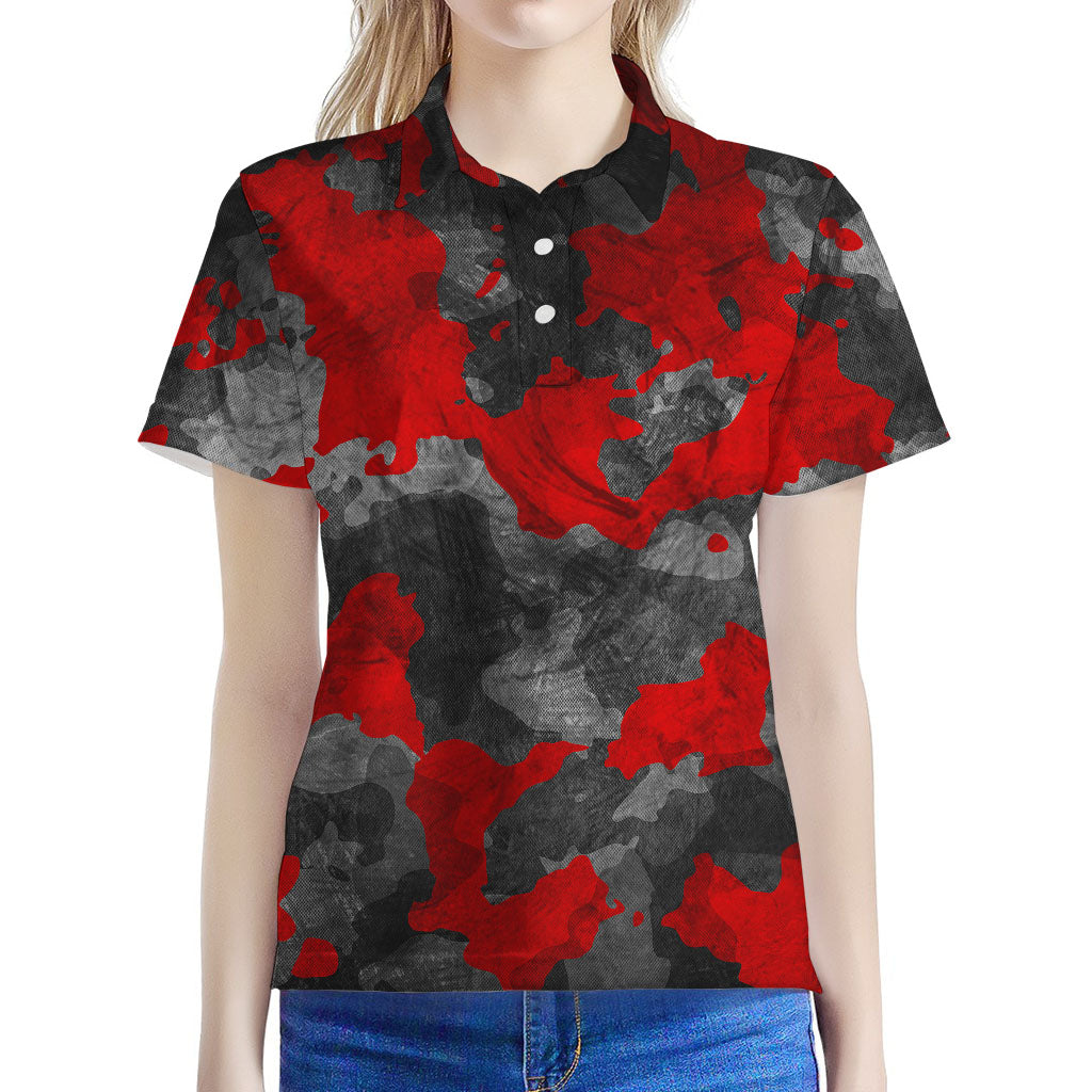 Black And Red Camouflage Print Women's Polo Shirt