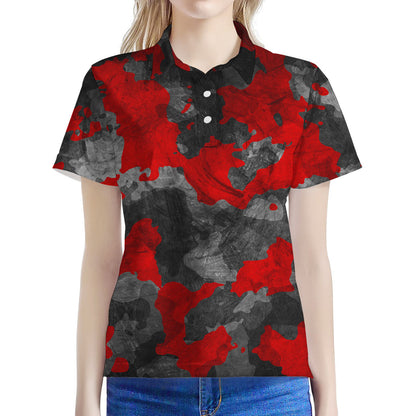 Black And Red Camouflage Print Women's Polo Shirt