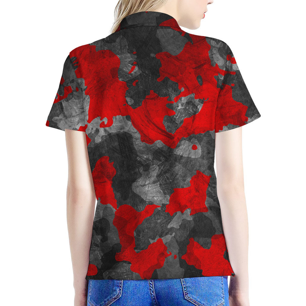 Black And Red Camouflage Print Women's Polo Shirt