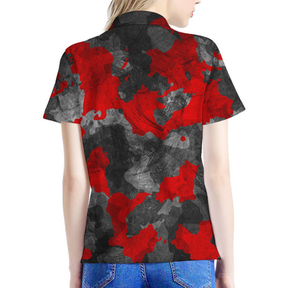 Black And Red Camouflage Print Women's Polo Shirt