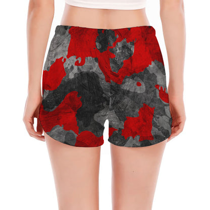 Black And Red Camouflage Print Women's Split Running Shorts