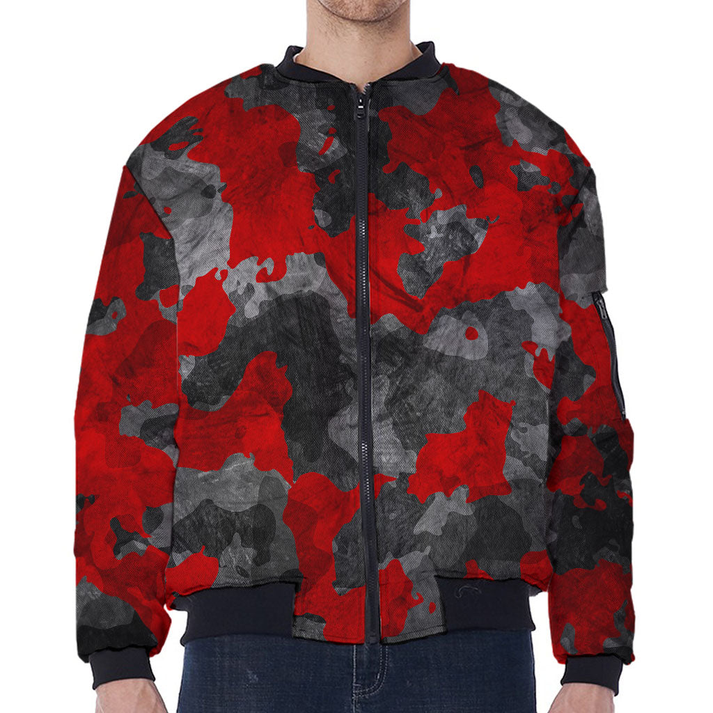 Black And Red Camouflage Print Zip Sleeve Bomber Jacket