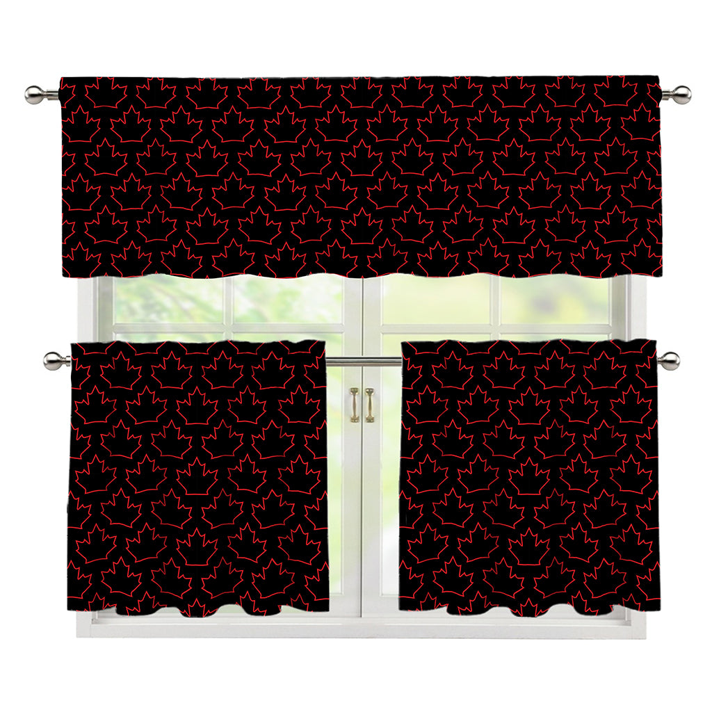 Black And Red Canadian Maple Leaf Print 3 Piece Kitchen Curtains