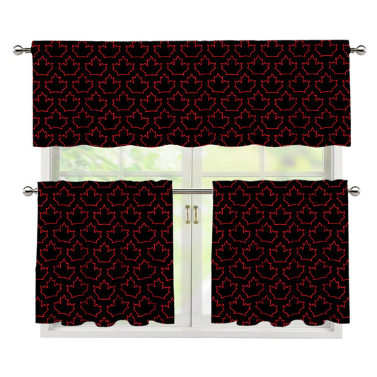 Black And Red Canadian Maple Leaf Print 3 Piece Kitchen Curtains