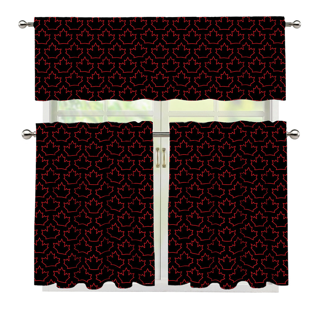 Black And Red Canadian Maple Leaf Print 3 Piece Kitchen Curtains