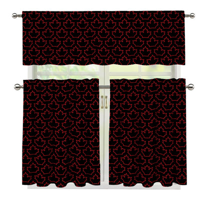 Black And Red Canadian Maple Leaf Print 3 Piece Kitchen Curtains