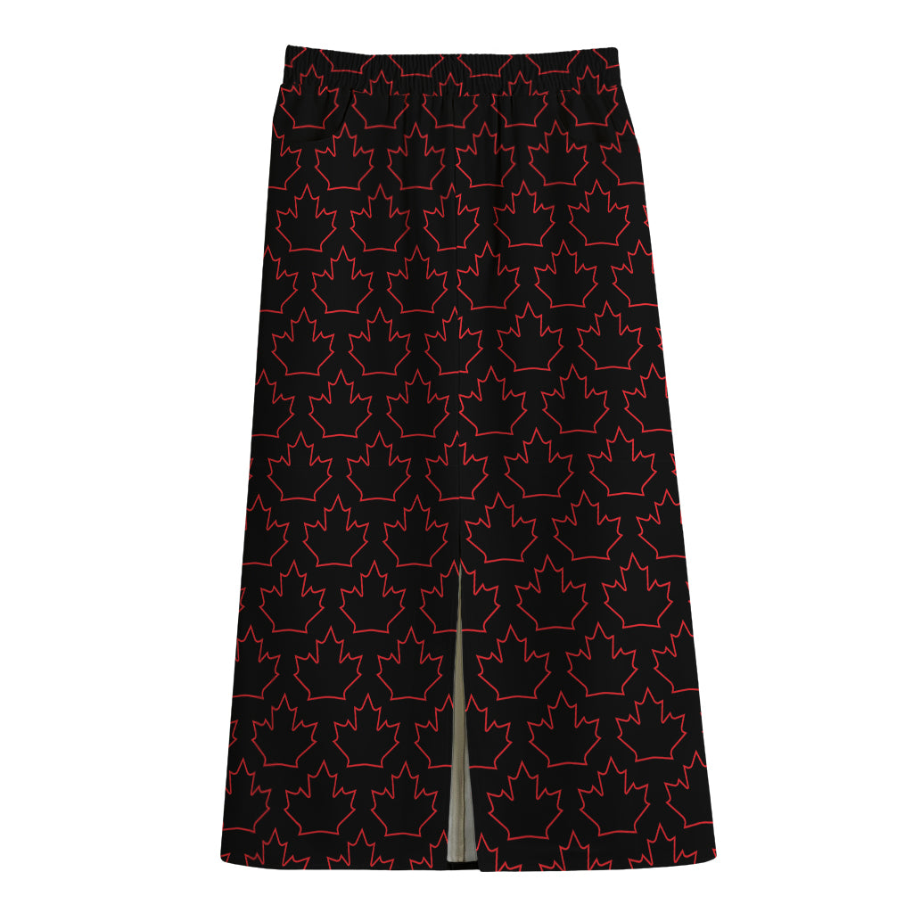 Black And Red Canadian Maple Leaf Print Cotton Front Slit Maxi Skirt