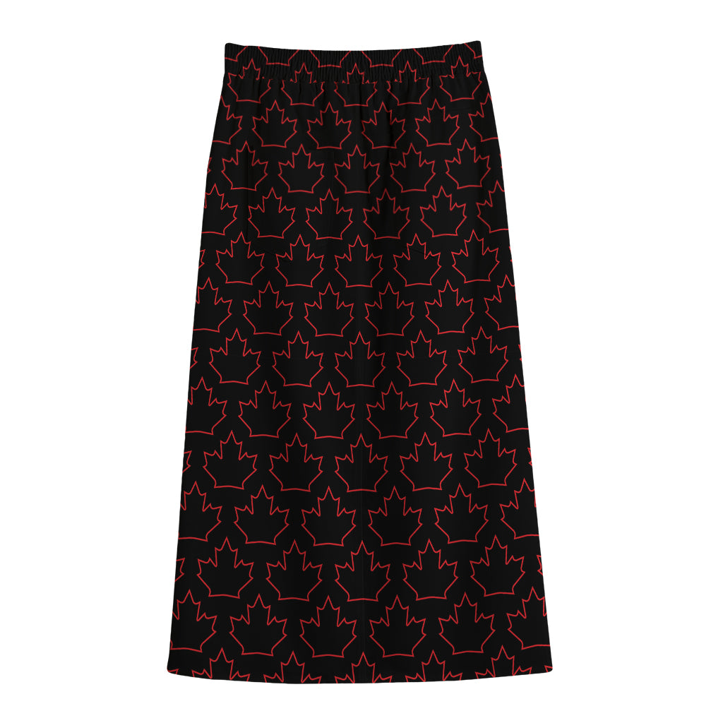 Black And Red Canadian Maple Leaf Print Cotton Front Slit Maxi Skirt