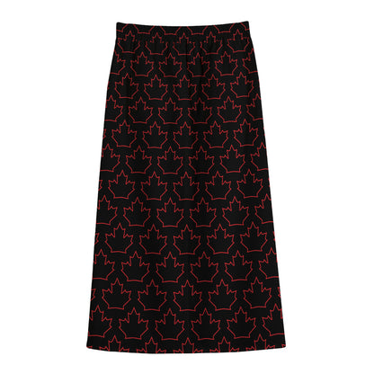 Black And Red Canadian Maple Leaf Print Cotton Front Slit Maxi Skirt
