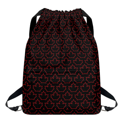Black And Red Canadian Maple Leaf Print Drawstring Backpack