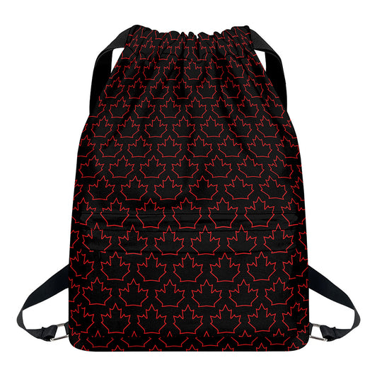 Black And Red Canadian Maple Leaf Print Drawstring Backpack