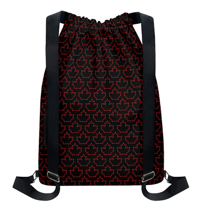 Black And Red Canadian Maple Leaf Print Drawstring Backpack
