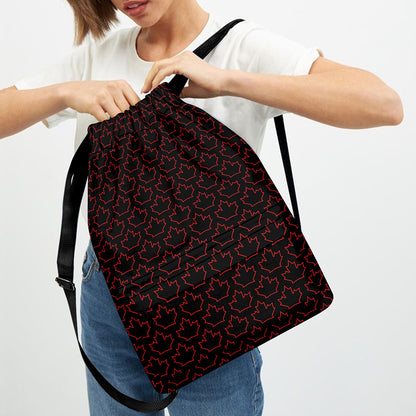 Black And Red Canadian Maple Leaf Print Drawstring Backpack