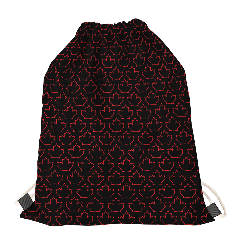 Black And Red Canadian Maple Leaf Print Drawstring Bag