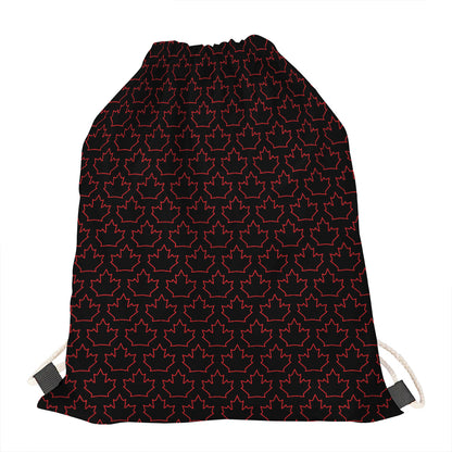 Black And Red Canadian Maple Leaf Print Drawstring Bag