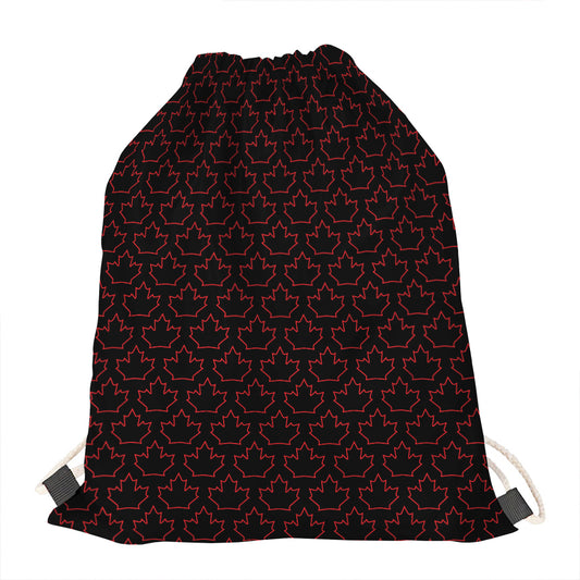 Black And Red Canadian Maple Leaf Print Drawstring Bag